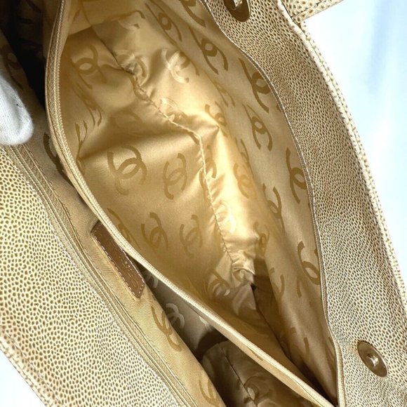 Authentic CHANEL CC Mark CC Bag Tote Bag Caviar Leather Beige - Picture 12 of 15